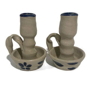 Williamsburg Pottery Chamberstick Gray with Cobalt Blue Accents Pair